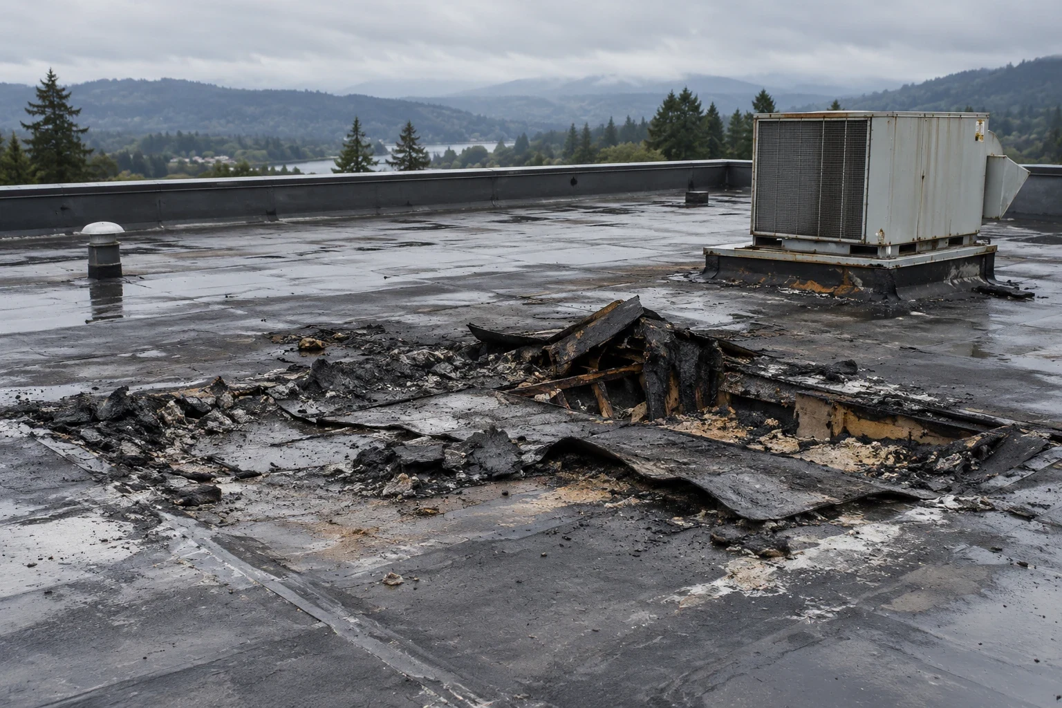 Commercial Fire Damage Roof Repair in Bellevue, WA Commercial Fire Damage Roof Repair in Bellevue, WA